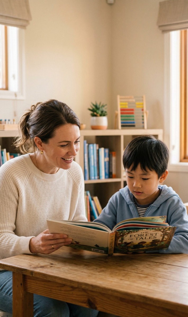 A mother and child reading a book together